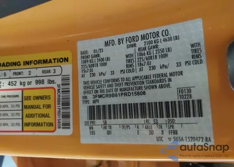 2023 Ford Bronco Sport Big Bend z USA, uszkodzony, nr VIN 3FMCR9B61PRD15808